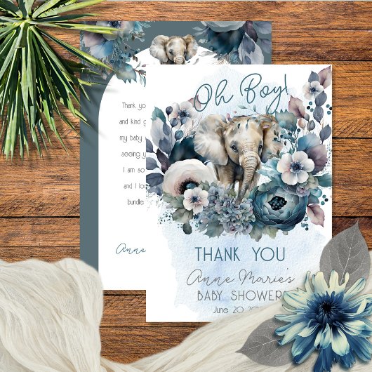 Elephant Oh Boy Blue Floral Baby shower Bedankkaart