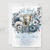Elephant Oh Boy Blue Floral Baby shower Kaart (Voorkant)