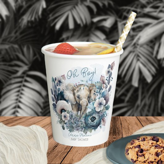 Elephant Oh Boy Blue Floral Baby shower Papieren Bekers