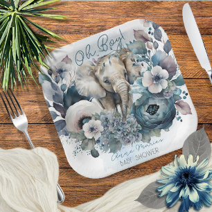 Elephant Oh Boy Blue Floral Baby shower Papieren Bordje