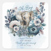 Elephant Oh Boy Blue Floral Baby shower Vierkante Sticker (Voorkant)
