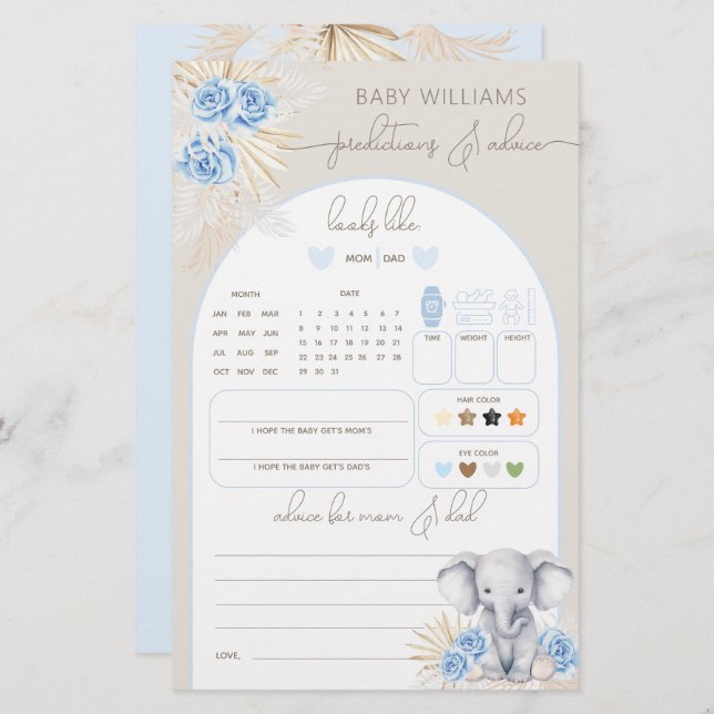 Elephant Oh Boy Safari Baby shower Voorspellingssp (Voorkant / Achterkant)