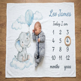 Elephant on Cloud Personalized Boy Milestone Baby  Fleece Deken