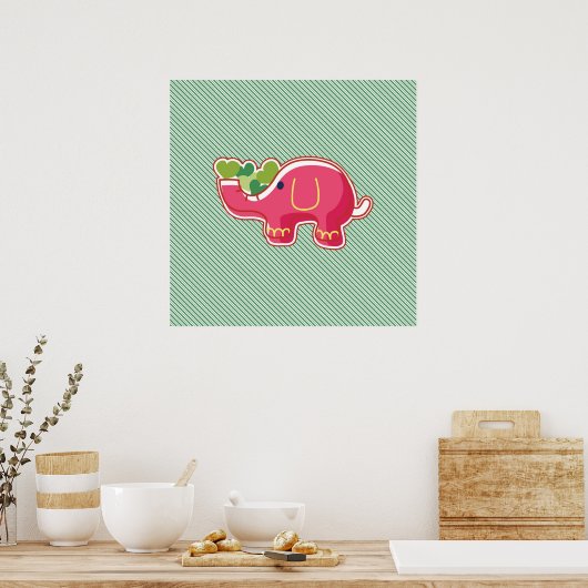 Elephant on Green Diagonal Striped Background Poster (Keuken)