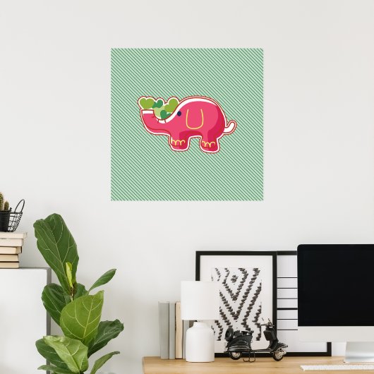 Elephant on Green Diagonal Striped Background Poster (Thuiskantoor)