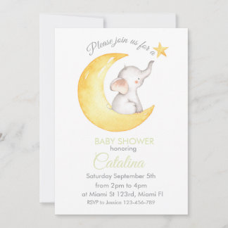 Elephant on Moon Baby Shower Invitation Kaart