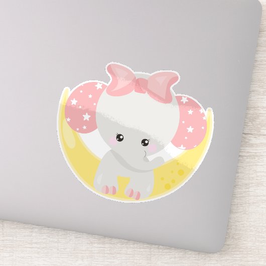 Elephant on the Moon, Cute Elephant, Crown, Stars Sticker (Detail)