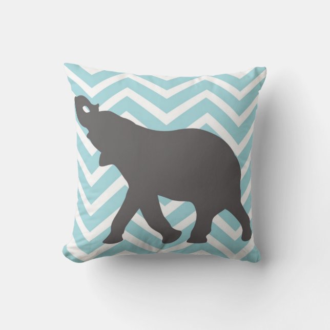 Elephant op Chevron Zigzag - Aqua Blue en White Kussen (Voorkant)