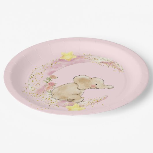 Elephant op een maan op roze papieren bordje (Gekanteld)