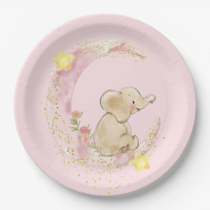 Elephant op een maan op roze papieren bordje