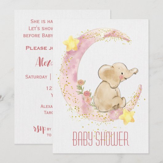 Elephant op een Moon Baby shower Kaart (Voorkant / Achterkant)