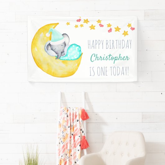 Elephant op Moon Little Boys Birthday Party Spandoek (Insitu)