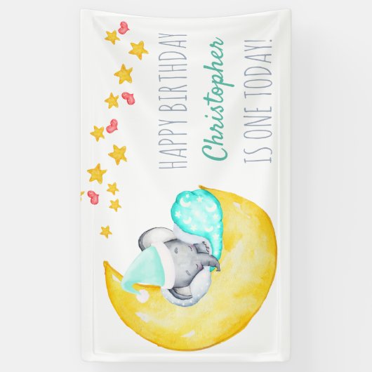 Elephant op Moon Little Boys Birthday Party Spandoek (Verticaal)