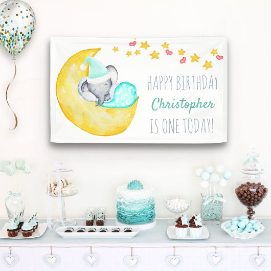 Elephant op Moon Little Boys Birthday Party Spandoek