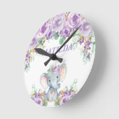 Elephant Paars Floral Kinder Neursery Bedroom Deco Ronde Klok (Hoek)