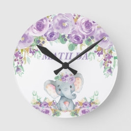 Elephant Paars Floral Kinder Neursery Bedroom Deco Ronde Klok