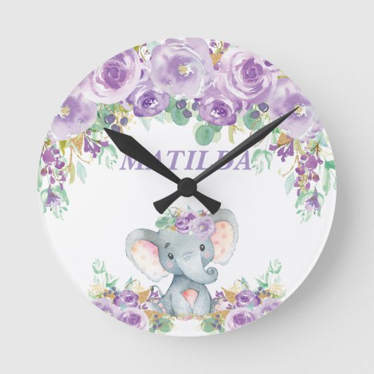Elephant Paars Floral Kinder Neursery Bedroom Deco Ronde Klok (Voorkant)