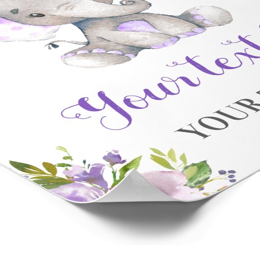 Elephant Paars Girl Baby shower Sprinkle Birthday Poster (Hoek)