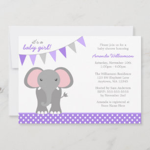 Elephant Paars Polka Dot Banner Girl Baby shower Kaart