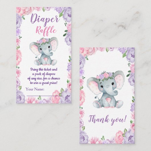 Elephant paars roze diaper Raffle Ticket Floral (Voorkant / Achterkant)