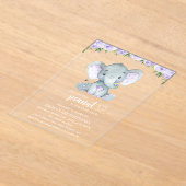 Elephant, paarse bloemen, eerste verjaardag acryl uitnodigingen (Laagn)