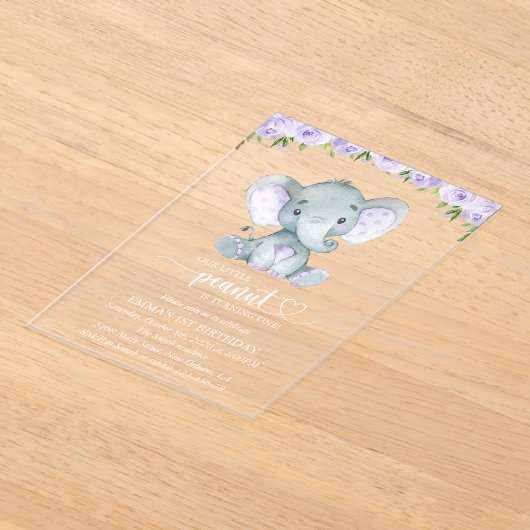 Elephant, paarse bloemen, eerste verjaardag acryl uitnodigingen (Laagn)