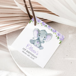Elephant, paarse bloemen, eerste verjaardag bedankjes labels