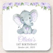 Elephant, paarse bloemen, eerste verjaardag bier onderzetter (Voorkant)