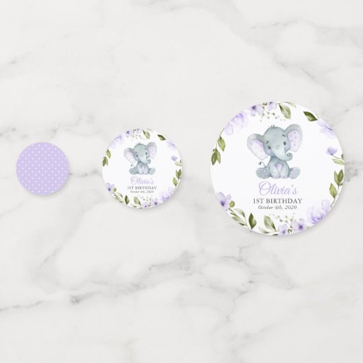 Elephant, paarse bloemen, eerste verjaardag confetti (Achterkanten)