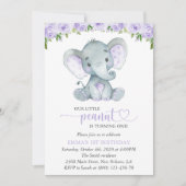 Elephant, paarse bloemen, eerste verjaardag kaart (Voorkant)
