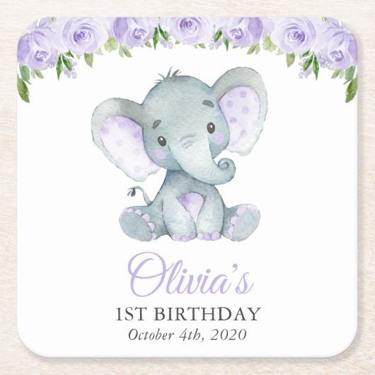 Elephant, paarse bloemen, eerste verjaardag kartonnen onderzetters (Voorkant)