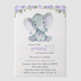 Elephant, paarse bloemen, eerste verjaardag vellum uitnodigingen