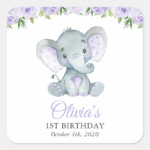 Elephant, paarse bloemen, eerste verjaardag vierkante sticker