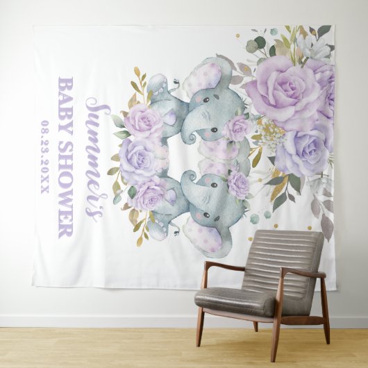 Elephant Paarse Floral Twins Baby shower Achtergro Wandkleed (In Situ (horizontaal))