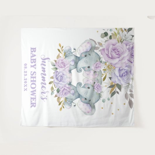 Elephant Paarse Floral Twins Baby shower Achtergro Wandkleed (Voorkant (horizontaal))