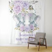 Elephant Paarse Floral Twins Baby shower Achtergro Wandkleed (In situ)
