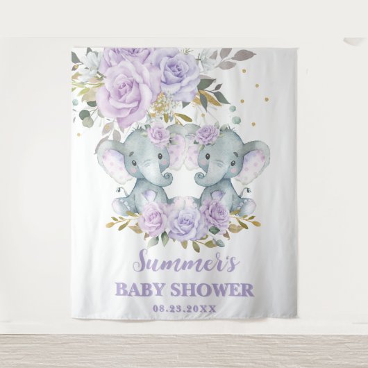 Elephant Paarse Floral Twins Baby shower Achtergro Wandkleed (Voorkant)