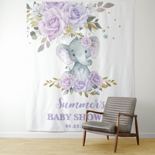 Elephant Paarse Lila Bloemen Baby shower Achtergro Wandkleed (In situ)
