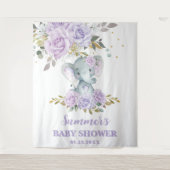 Elephant Paarse Lila Bloemen Baby shower Achtergro Wandkleed (Voorkant)