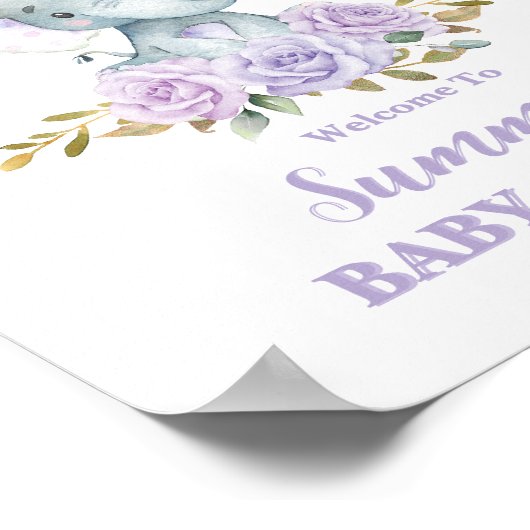 Elephant Paarse Lila Bloemen Baby shower Welkom Poster (Hoek)