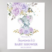 Elephant Paarse Lila Bloemen Baby shower Welkom Poster (Voorkant)