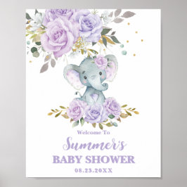 Elephant Paarse Lila Bloemen Baby shower Welkom Poster