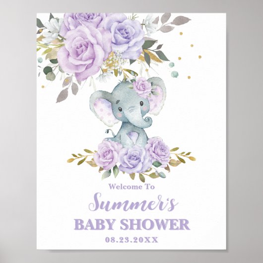Elephant Paarse Lila Bloemen Baby shower Welkom Poster (Voorkant)