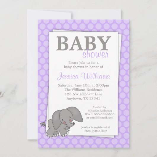 Elephant Paarse Stippen Girl Baby shower Kaart (Voorkant)