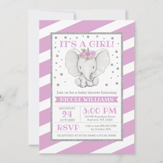 Elephant Paarse Stripes Baby Shower Uitnodigingen (Voorkant)