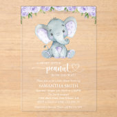 Elephant, Paarse Waterverf Flowers, Baby shower Acryl Uitnodigingen (Voorkant)