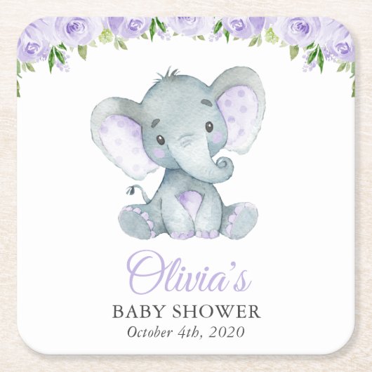 Elephant, Paarse Waterverf Flowers, Baby shower Kartonnen Onderzetters (Voorkant)