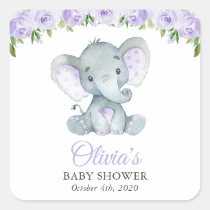 Elephant, Paarse Waterverf Flowers, Baby shower Vierkante Sticker