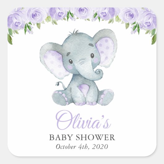 Elephant, Paarse Waterverf Flowers, Baby shower Vierkante Sticker (Voorkant)