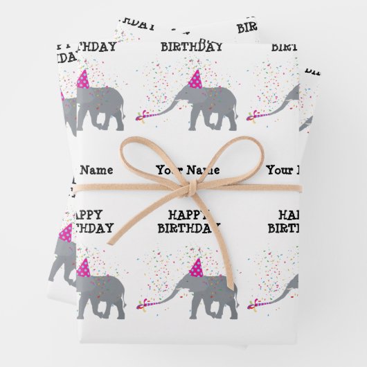 Elephant Partding - Dieren op Birthday Party Name Inpakpapier Vel (In situ)